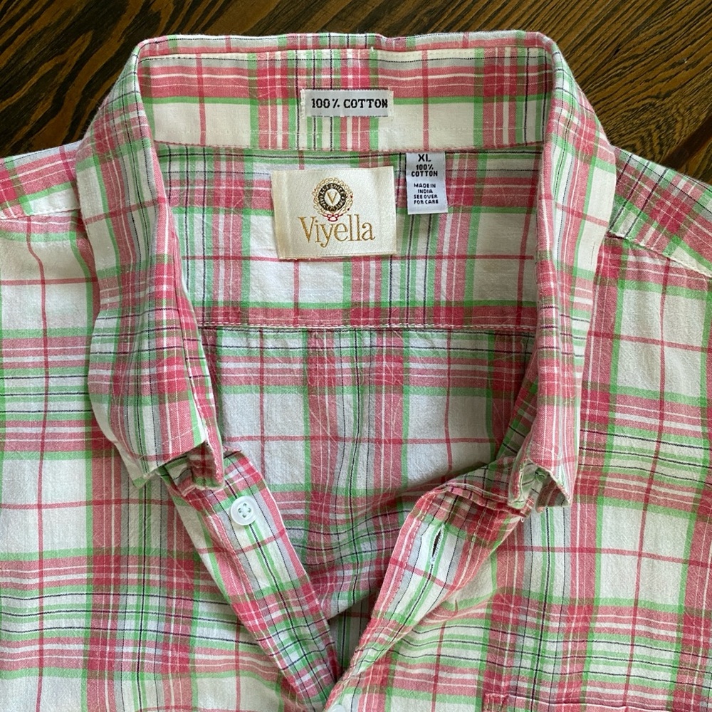 Viyella 100% Cotton Short Sleeve Button Down Oxford Shirt - XL Pink and Green